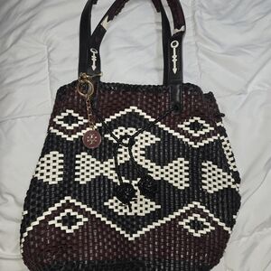 Tory Burch Black and Cream Woven Tote